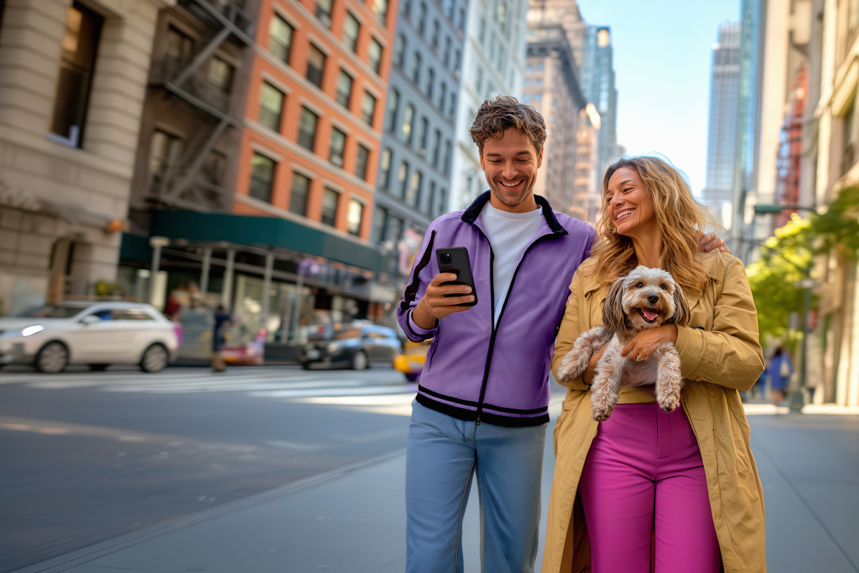 Happy couple with dog in the city